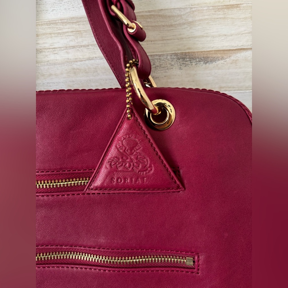 Sorial New York Red / Burgundy Leather Tote Zipper Accents Pocketbook Travel - Picture 10 of 16